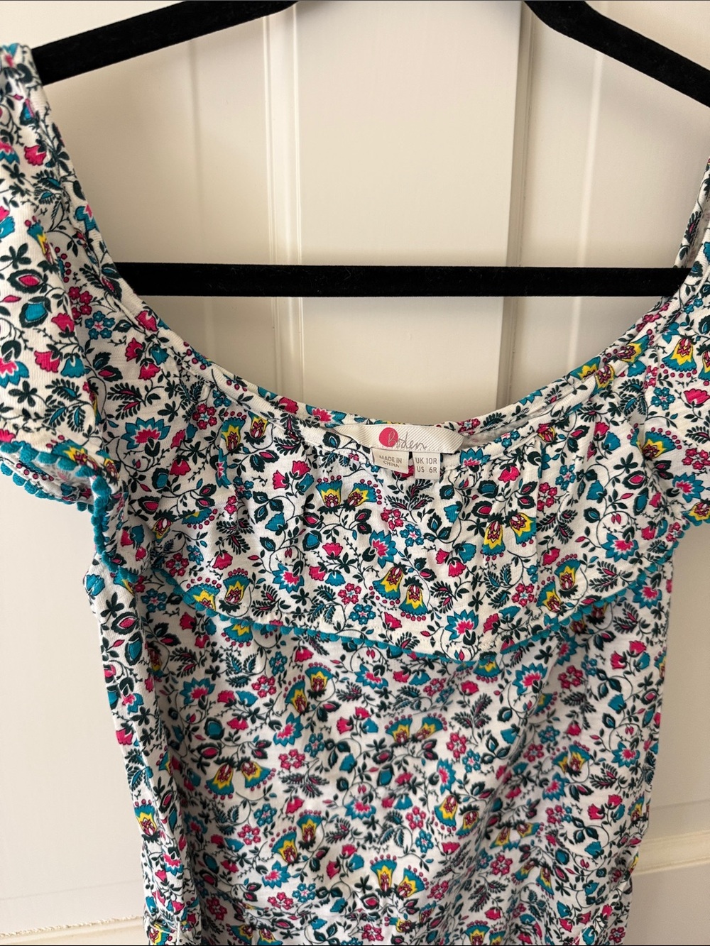 Boden Floral Off-Shoulder Dress in White, Teal, Pink, Yellow